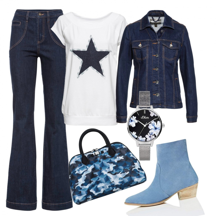 Outfit donna - Profumo di primavera 2. Stile Urban per Tutti i giorni. Abbinamento con t-shirt, jeans a zampa, blazer, borse a mano, stivali e stivaletti, orologi analogici.