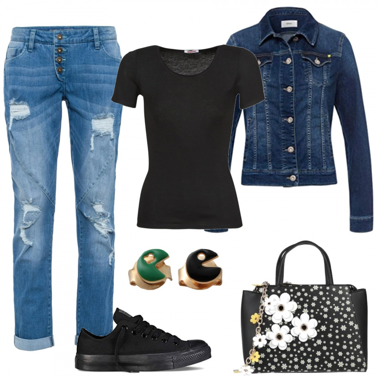 Outfit donna - Curvy Style/Jeans a Primavera. Stile Trendy per Tutti i giorni. Abbinamento con jeans boyfriend, borse a mano, orecchini, magliette intime, sneakers alte, blazer.