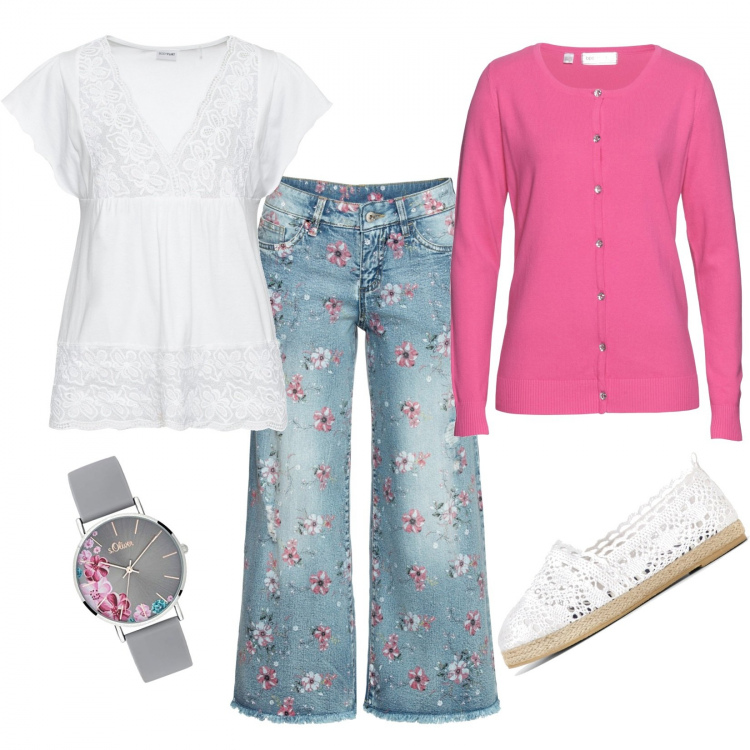 Outfit donna - Homewear di primavera. Stile Basic per Tutti i giorni. Abbinamento con maglieria, jeans, cardigans, espadrillas, orologi analogici.