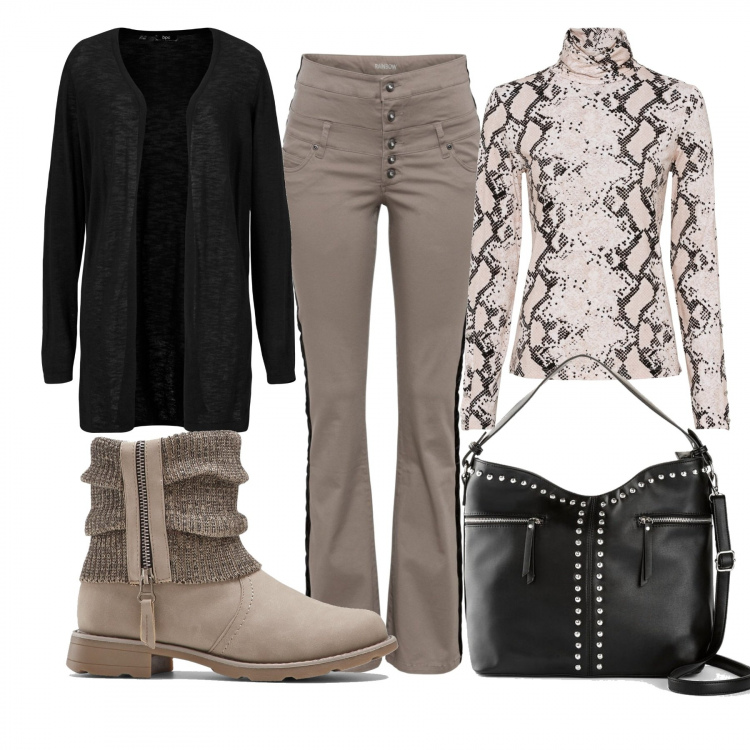 Outfit donna - Total look bonprix. Stile Trendy per Tutti i giorni. Abbinamento con stivaletti, cardigans, pantaloni, maglieria, shopping bag.