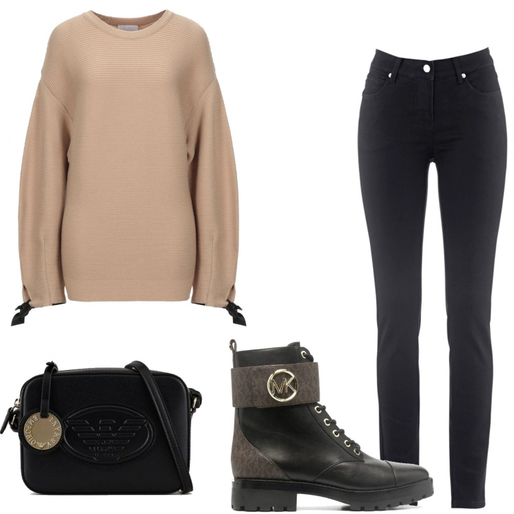 Outfit donna - Basic. Stile Basic per Tutti i giorni. Abbinamento con jeans slim fit, pullovers, anfibi, borse a tracolla.