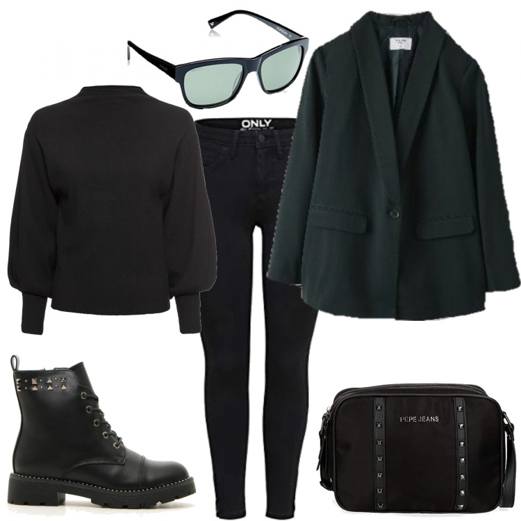 Outfit donna - Lo stile non ha taglie, total black. Stile Trendy per Tutti i giorni. Abbinamento con maglieria, blazer, jeans skinny, borse a spalla, anfibi, occhiali da sole.