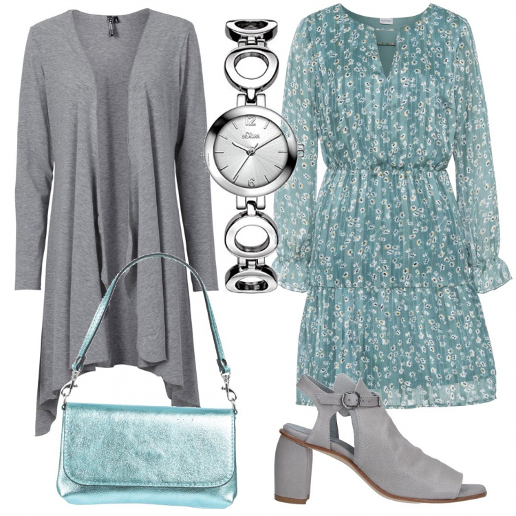 Outfit donna - Curvy con vestito a fiori. Stile Bon Ton per Tutti i giorni. Abbinamento con sandali col tacco, borse a mano, cardigans, vestiti, orologi.