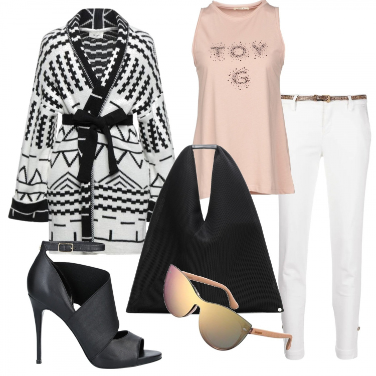 Outfit donna - Glamorous. Stile Urban per Tutti i giorni. Abbinamento con cardigans, t-shirt, décolleté, pantaloni, borse a tracolla, occhiali da sole.
