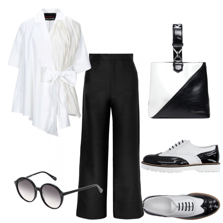 Outfit donna - B&W. Stile Trendy per Tutti i giorni. Abbinamento con scarpe stringate, camicie, pantaloni, occhiali da sole, borse a mano.