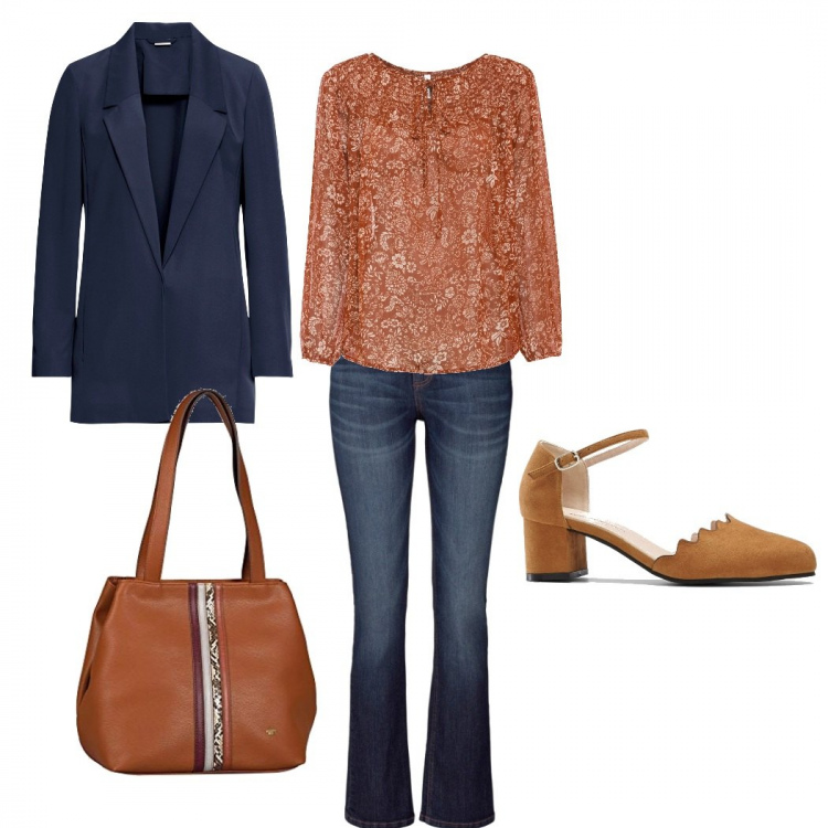 Outfit donna - Shopping pomeridiano. Stile Basic Abbinamento con jeans bootcut, bluse, blazer, décolleté, borse tote.