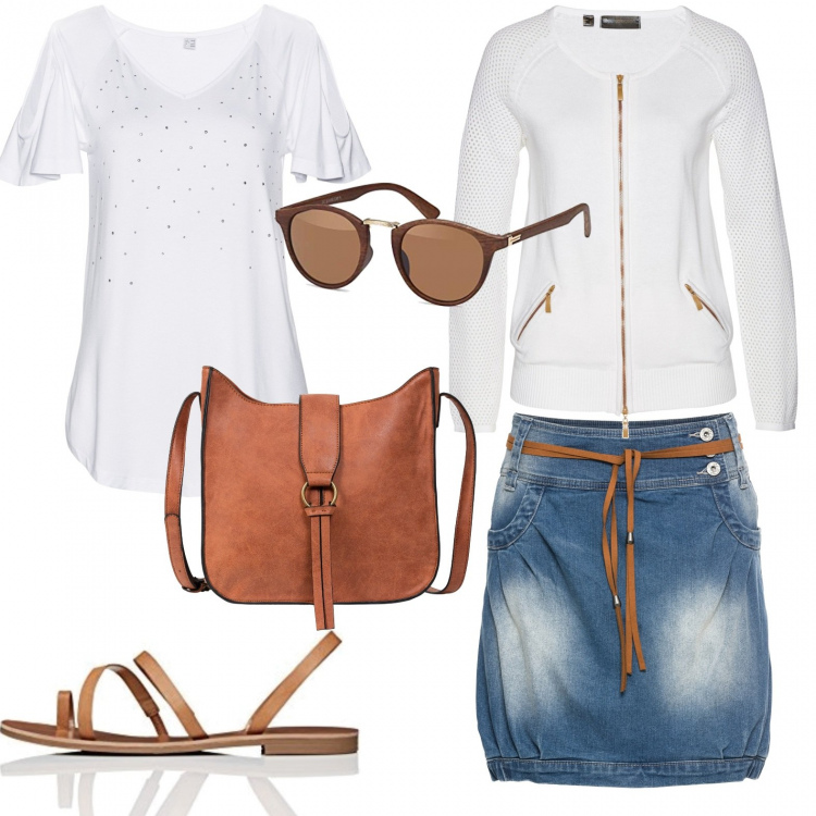Outfit donna - Gonna in jeans. Stile Basic per Tutti i giorni. Abbinamento con minigonne, borse a tracolla, cardigans, pullovers, sandali alla schiava, occhiali da sole.