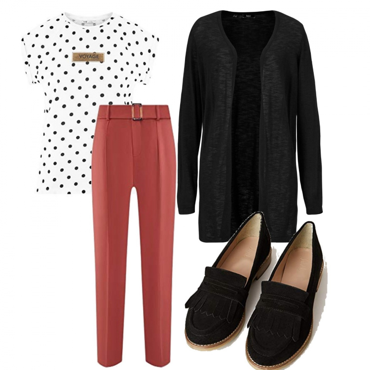 Outfit donna - In ufficio con i mocassini. Stile Trendy per Ufficio. Abbinamento con cardigans, pantaloni, mocassini, t-shirt.