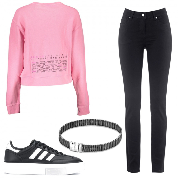 Outfit donna - Felpa rosa. Stile Trendy per Tutti i giorni. Abbinamento con jeans slim fit, sneakers, felpe, braccialetti.