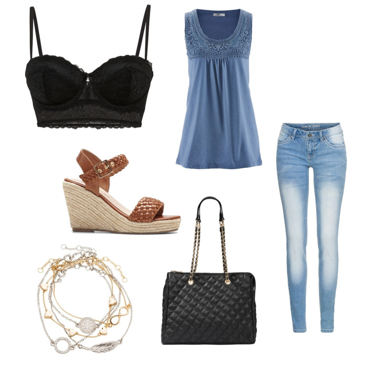 Outfit donna - Trendy #20513. Stile Trendy per Tutti i giorni. Abbinamento con reggiseni a balconcino, braccialetti con ciondoli, shopping bag, top, jeans skinny, sandali col tacco.