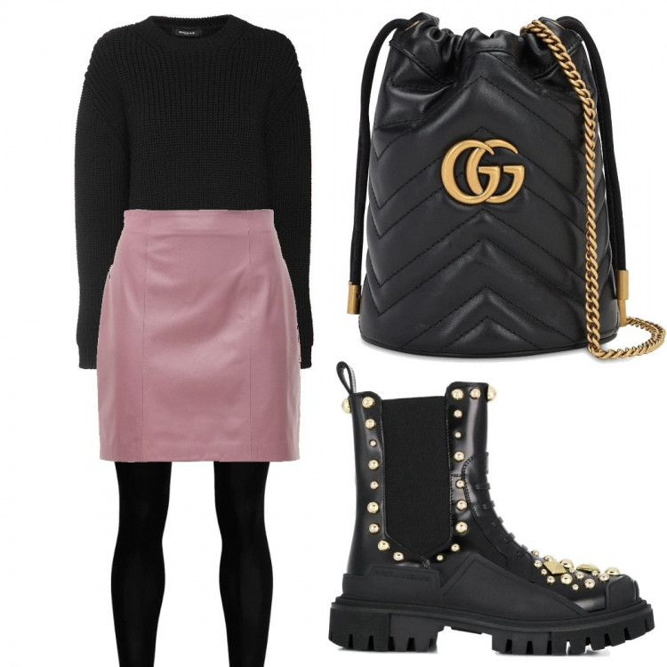 Outfit donna - Nero e rosa. Stile Trendy per Tutti i giorni. Abbinamento con anfibi, collant, minigonne, borse a secchiello, pullovers.