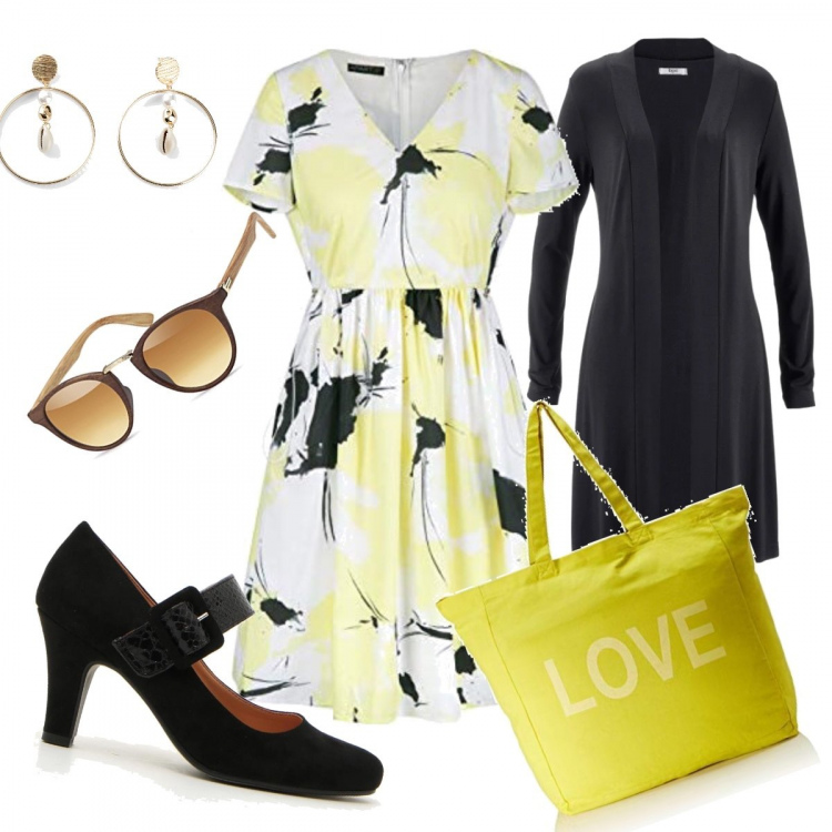Outfit donna - Yellow spring. Stile Basic per Tutti i giorni. Abbinamento con cardigans, orecchini, décolleté, vestiti, occhiali da sole, borse tote.