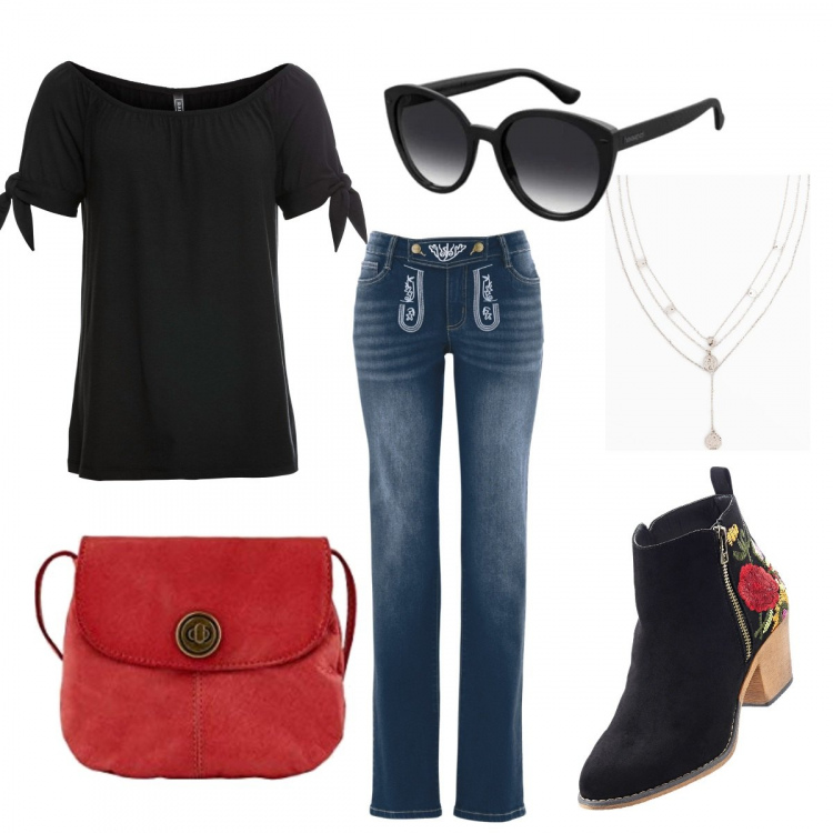 Outfit donna - Curvy. Stile Trendy per Tutti i giorni. Abbinamento con maglieria, stivaletti, jeans dritti, collane, borse a tracolla, occhiali da sole.