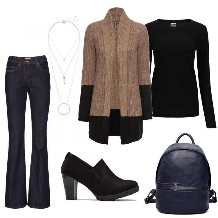 Outfit donna - Jeans e giacchetto. Stile Basic per Tutti i giorni. Abbinamento con jeans bootcut, ciondoli, cardigans, décolleté, t-shirt, zaini.