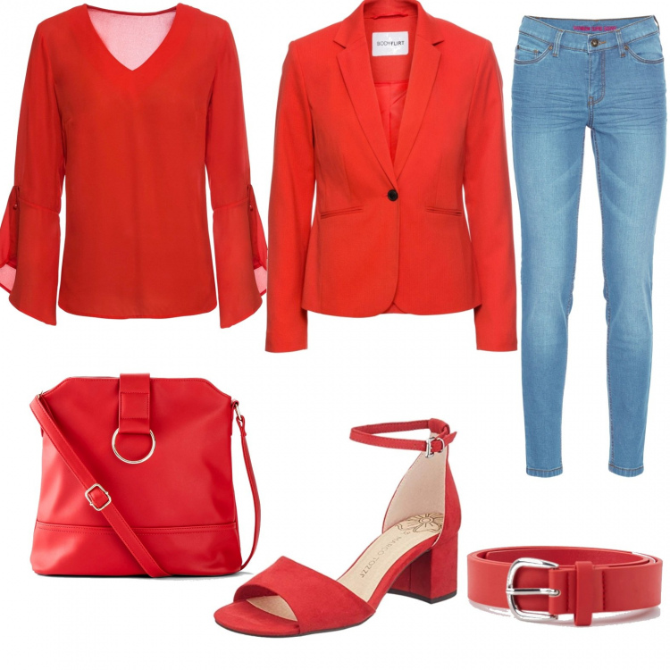 Outfit donna - Oggi vedo rosso. Stile Urban per Ufficio. Abbinamento con jeans skinny, blazer, bluse, borse a tracolla, cinture, sandali.