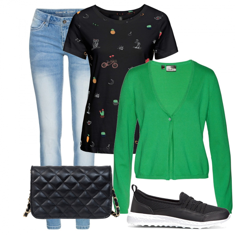 Outfit donna - Primavera. Stile Basic per Tutti i giorni. Abbinamento con sneakers, borse a tracolla, pullovers, cardigans, jeans skinny.