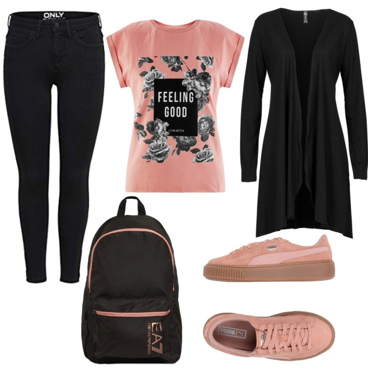 Outfit donna - Basic #11677. Stile Basic per Scuola/Università. Abbinamento con cardigans, sneakers, zaini, t-shirt, jeans.