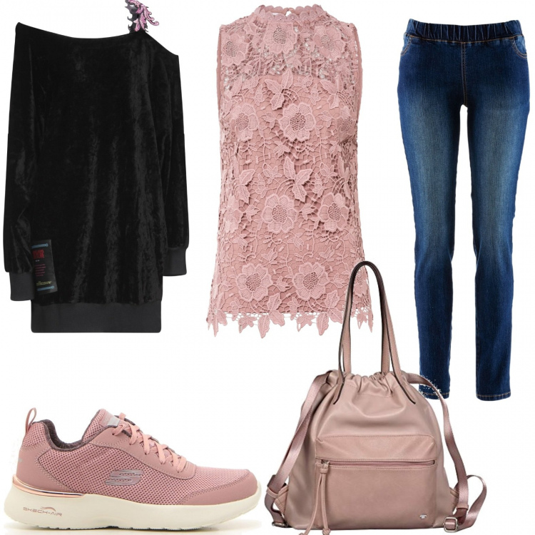 Outfit donna - La felpa con scollo asimmetrico. Stile Sexy per Tutti i giorni. Abbinamento con treggings, top, felpe, sneakers, zaini.