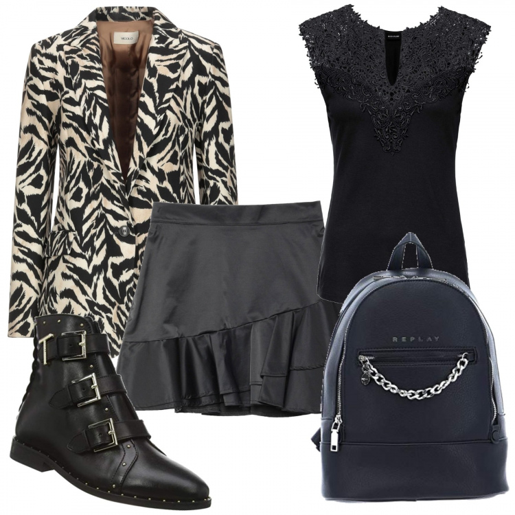 Outfit donna - La mini con lo stivaletto basso. Stile Rock per Serata fuori. Abbinamento con top, blazer, minigonne, stivaletti, borse tote.