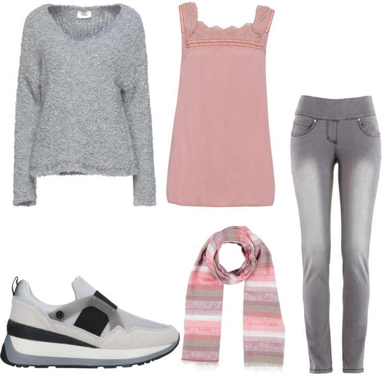 Outfit donna - Il mio look per la casa. Stile Basic per Tutti i giorni. Abbinamento con jeans slim fit, top, sneakers, pullovers, sciarpe.