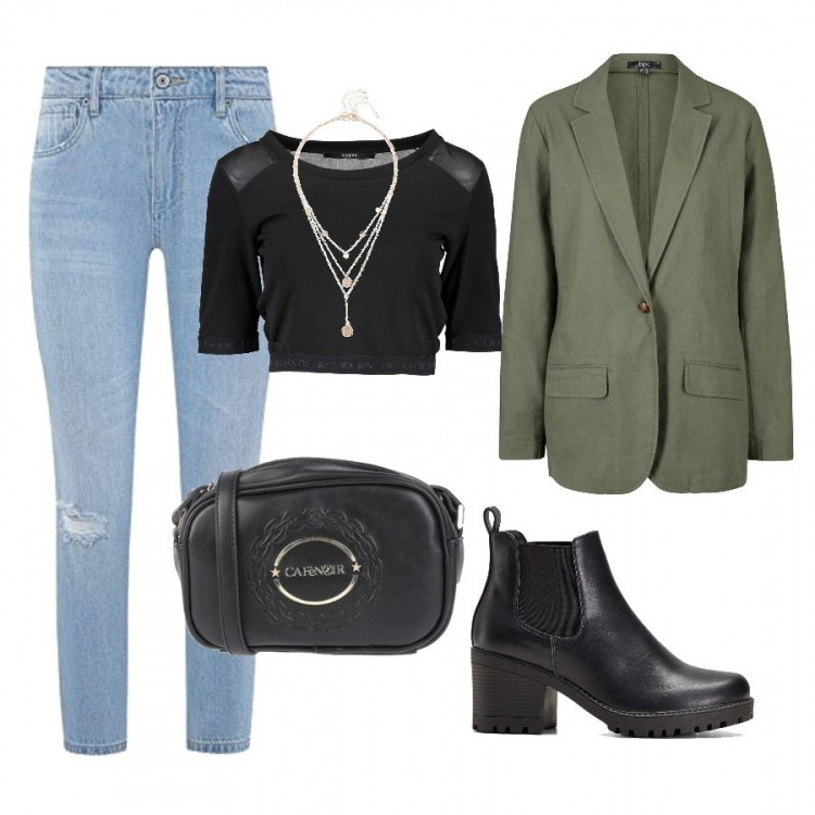 Outfit donna - Total look #968346. per Scuola/Università. Abbinamento con stivaletti chelsea, blazer, ciondoli, borse a tracolla, jeans boyfriend, t-shirt.