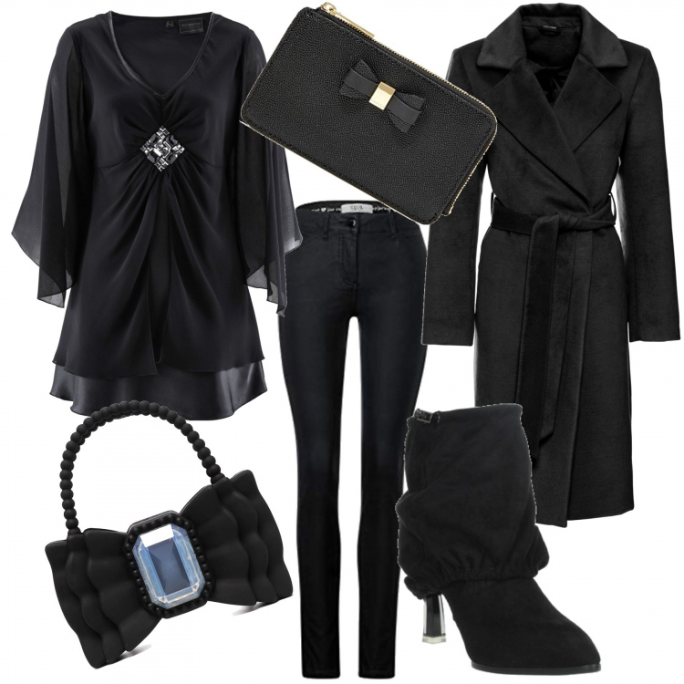 Outfit donna - Black jeans slim fit e camicia a tunica. Stile Trendy per Tutti i giorni. Abbinamento con tuniche, cappotti, stivaletti, borse a spalla, jeans slim fit, portafogli.