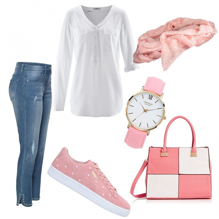 Outfit donna - Pink&white. Stile Trendy per Tutti i giorni. Abbinamento con bluse, jeans skinny, sneakers, borse tote, orologi analogici, sciarpe.