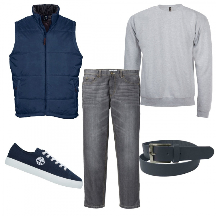 Outfit uomo - In grigio e blu. Stile Casual per Ufficio. Abbinamento con jeans dritti, sneakers, felpe, piumini, cinture.