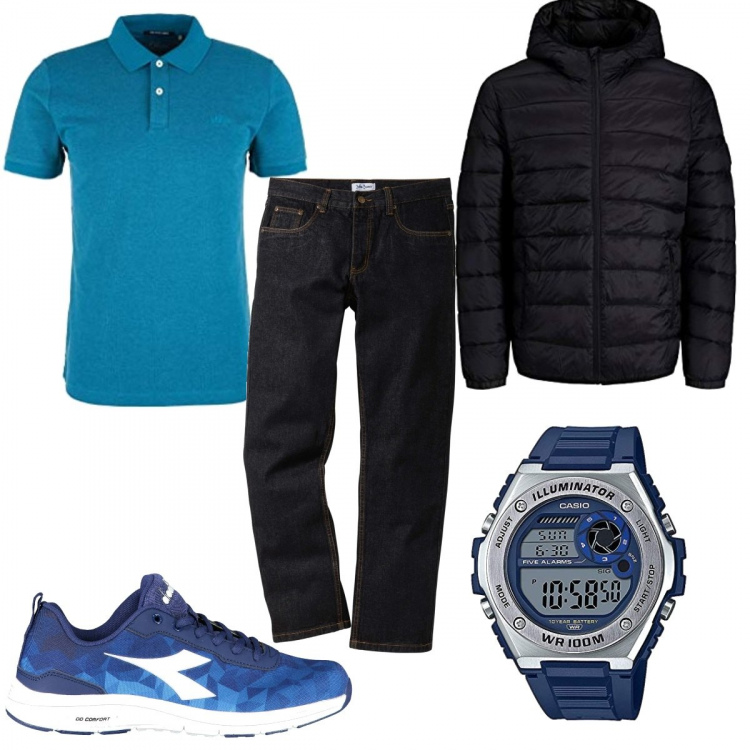 Outfit uomo - Sneakers e polo sul blu. Stile Trendy per Tutti i giorni. Abbinamento con jeans dritti, polo, orologi, giacche, sneakers.