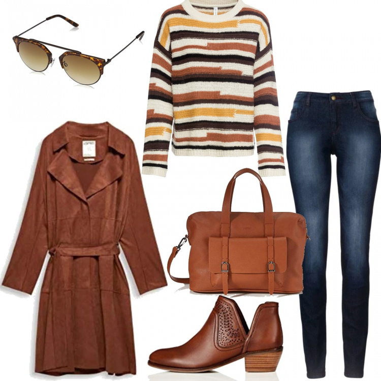 Outfit donna - Trench effetto scamosciato. Stile Trendy per Scuola/Università. Abbinamento con jeans skinny, maglioni, blazer, borse a spalla, stivaletti, occhiali da sole.