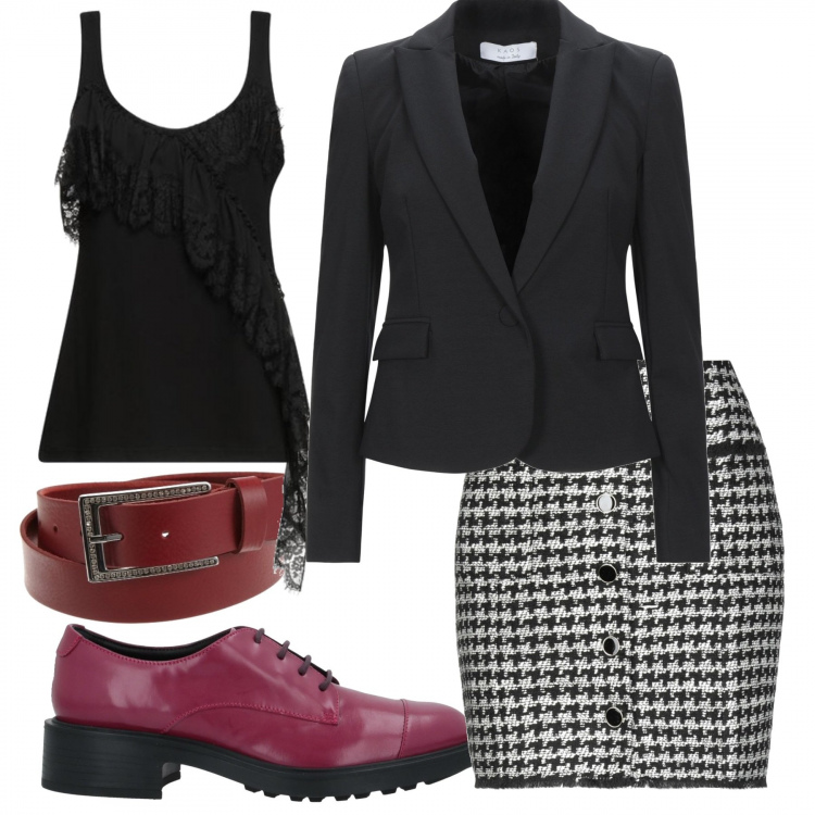 Outfit donna - Troppo bella!. Stile Chic per Ufficio. Abbinamento con scarpe stringate, minigonne, blazer, top, cinture.