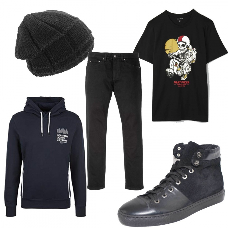 Outfit uomo - Urban total black. Stile Urban per Tutti i giorni. Abbinamento con jeans slim fit, t-shirt, sneakers alte, berretti, felpe con cappuccio.