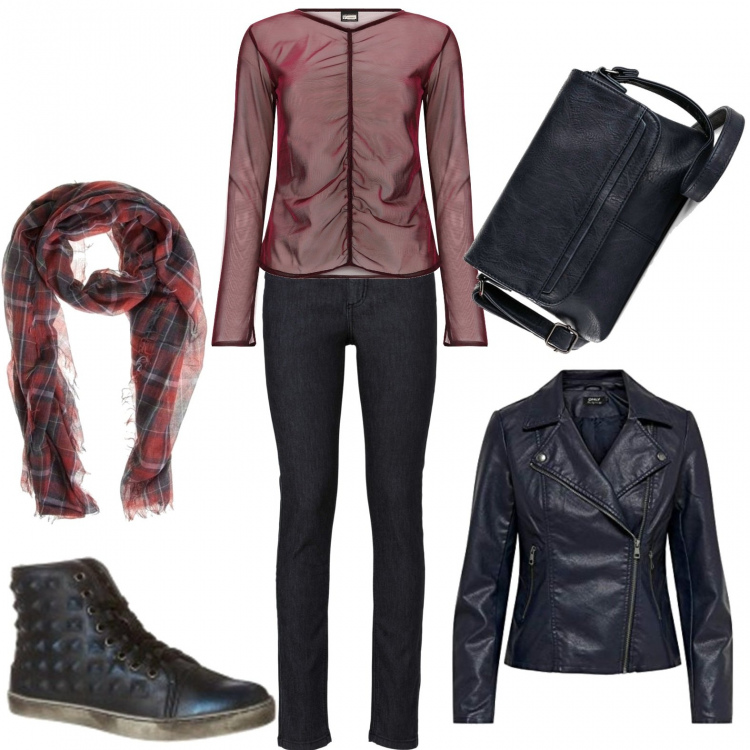 Outfit donna - La blusa metallizzata. Stile Trendy per Scuola/Università. Abbinamento con jeans skinny, borse a tracolla, sneakers, sciarpe, maglieria, blazer.
