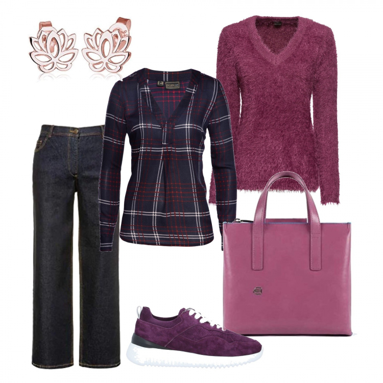 Outfit donna - Pasqua. Stile Basic per Tutti i giorni. Abbinamento con tuniche, pullovers, sneakers, jeans a zampa, shopping bag, orecchini.
