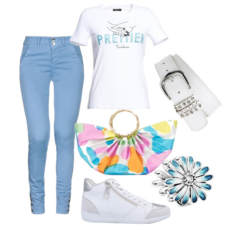 Outfit donna - I colori in estate. Stile Trendy per Tutti i giorni. Abbinamento con cinture, sneakers alte, pantaloni, t-shirt, borse tote, ciondoli.
