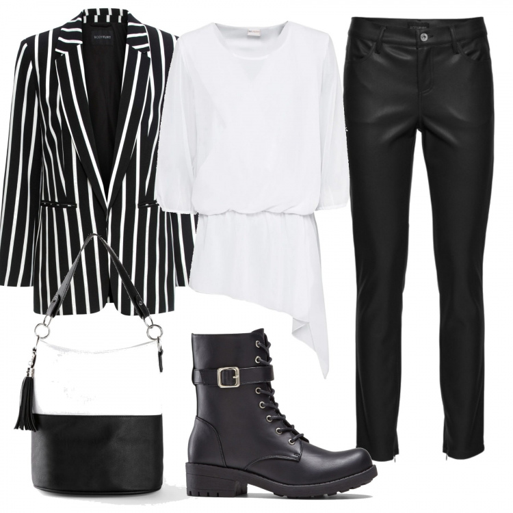 Outfit donna - Black&white. Stile Urban per Tutti i giorni. Abbinamento con blazer, bluse, pantaloni, stivaletti, borse a mano.