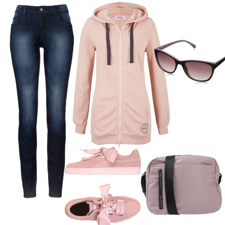 Outfit donna - Post sport. Stile Basic per Sport. Abbinamento con jeans skinny, felpe con cappuccio, sneakers, borse a tracolla, occhiali da sole.