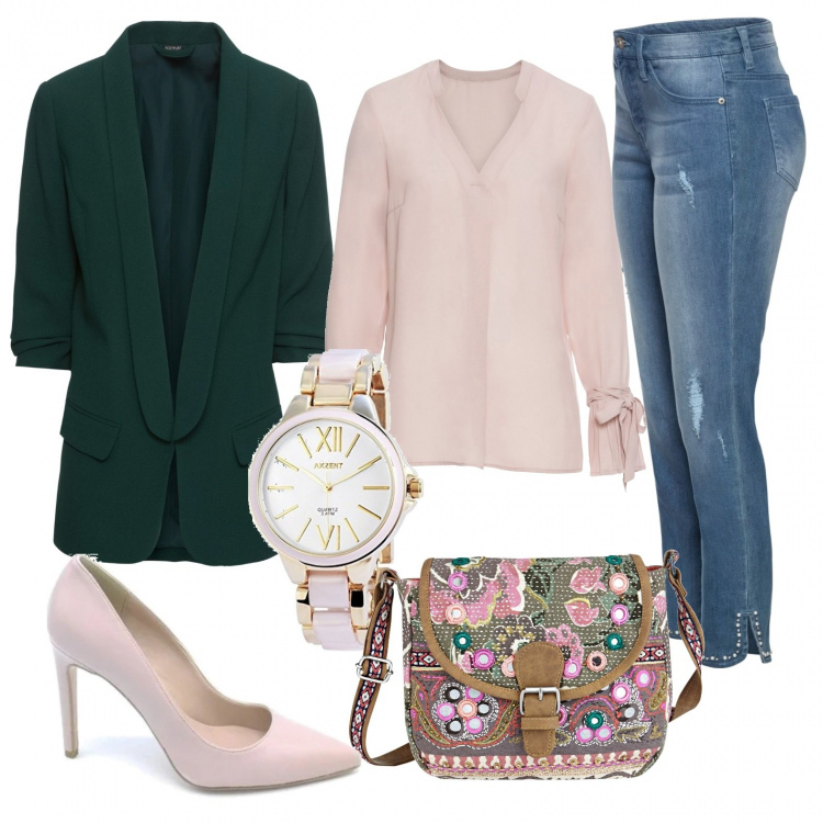 Outfit donna - Bella come una rosa di maggio. Stile Chic per Tutti i giorni. Abbinamento con blazer, jeans skinny, bluse, bermuda, décolleté, orologi.