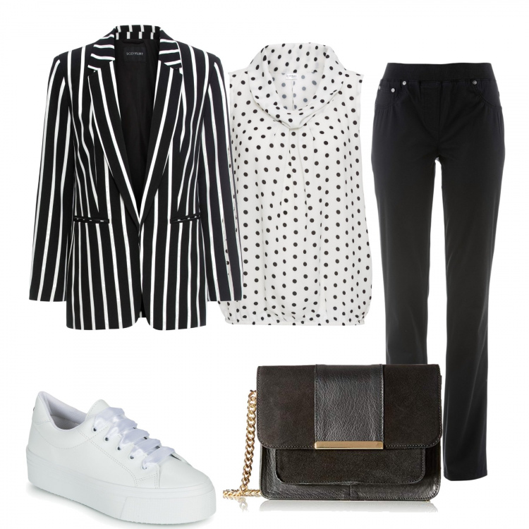 Outfit donna - Casual shock. Stile Trendy per Tutti i giorni. Abbinamento con pantaloni sportivi, blazer, bluse, sneakers, borse a tracolla.