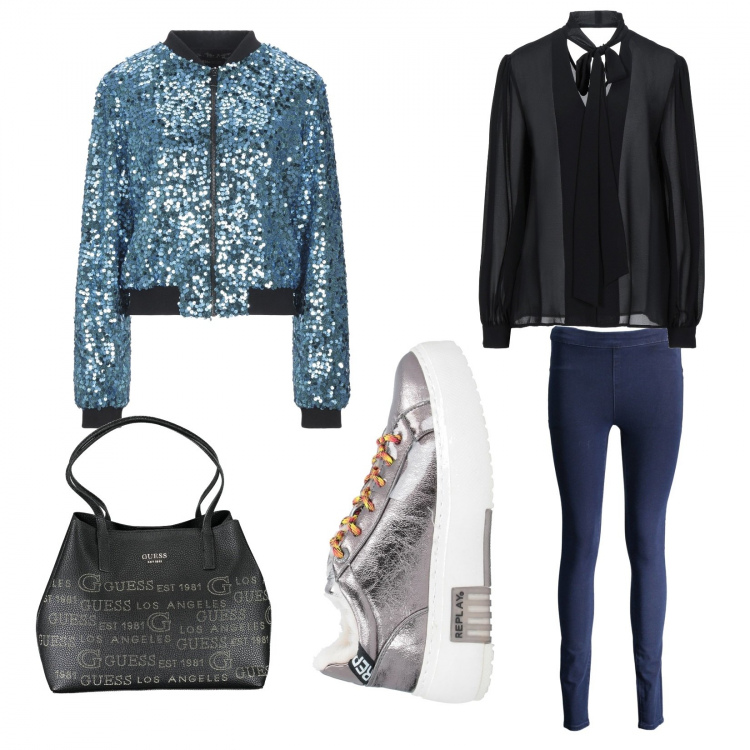 Outfit donna - Celeste. Stile Urban per Tutti i giorni. Abbinamento con sneakers, camicie, giacche, pochette, jeans.