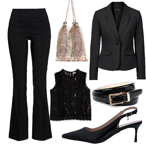 Outfit donna - Total black e un po\' d\'oro per la sera. Stile Chic per Serata fuori. Abbinamento con décolleté, blazer, pantaloni, shopping bag, camicie, cinture.
