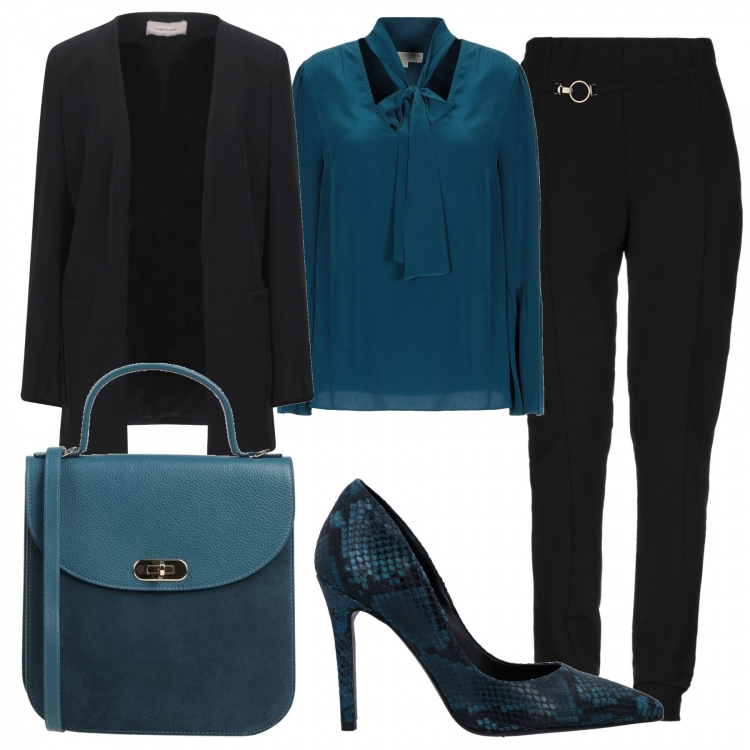 Outfit donna - Chic #11214. Stile Chic per Serata fuori. Abbinamento con bluse, pantaloni, borse a mano, décolleté, blazer.