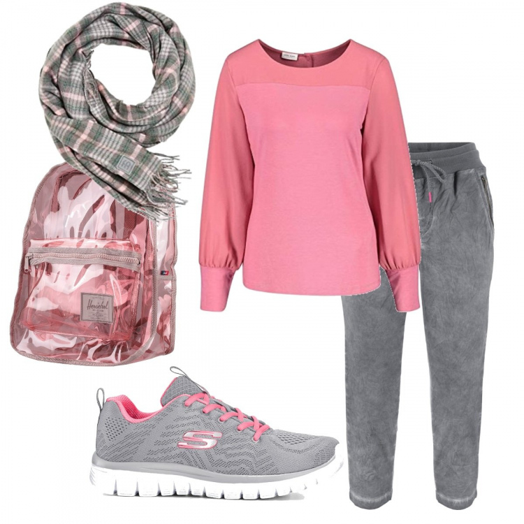 Outfit donna - Basic #11969. Stile Basic per Scuola/Università. Abbinamento con pantaloni capri, sneakers, zaini, pullovers, sciarpe.