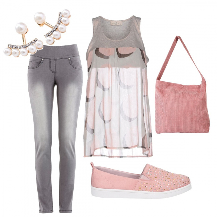 Outfit donna - Grey rose. Stile Urban per Tutti i giorni. Abbinamento con jeans slim fit, slip in velluto, borsa a tracolla rosa, orecchini con perle e strass oro.