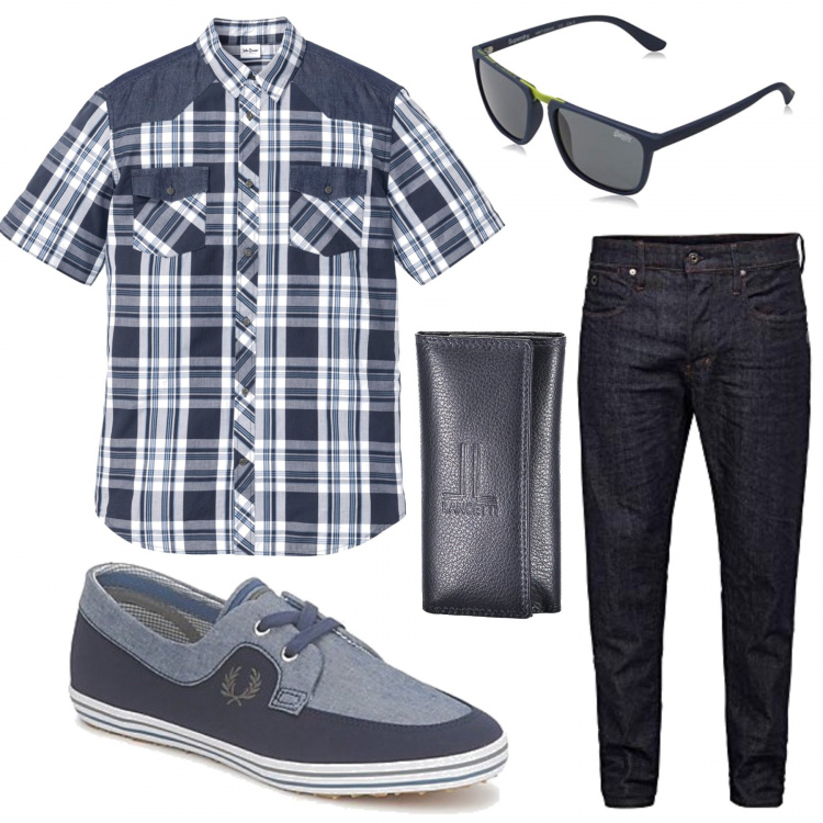Outfit uomo - Blu. Stile Casual per Tutti i giorni. Abbinamento con camicie a manica corta, sneakers, occhiali da sole, jeans, portachiavi.