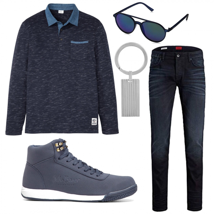 Outfit uomo - Blu. Stile Casual per Tutti i giorni. Abbinamento con polo, sneakers alte, jeans, occhiali da sole, portachiavi.