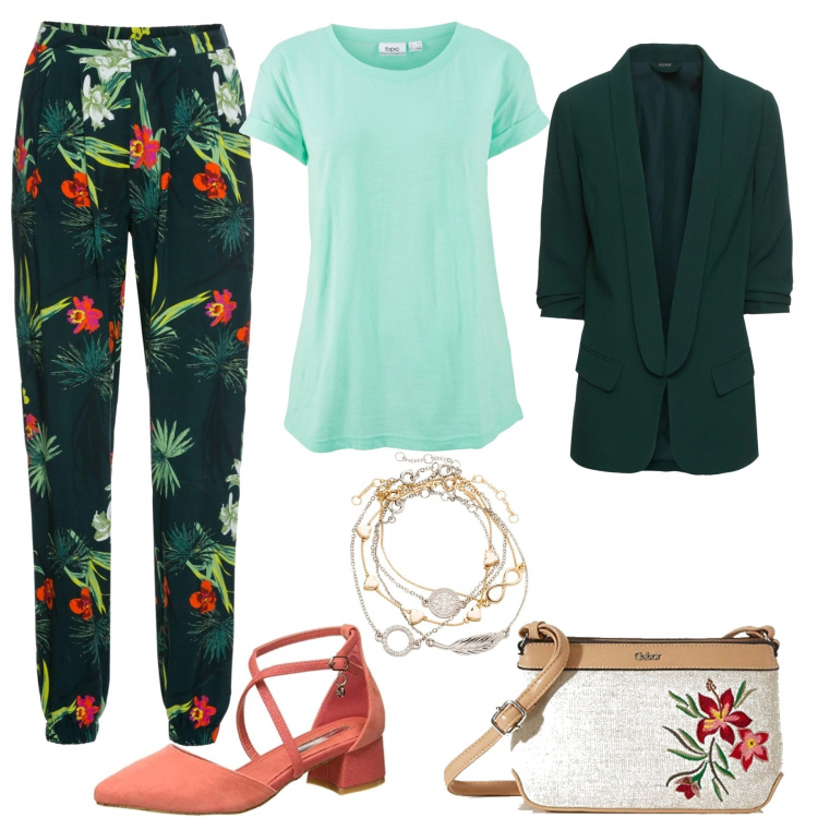 Outfit donna - Aria di primavera - Curvy. Stile Basic per Tutti i giorni. Abbinamento con blazer, braccialetti con ciondoli, pantaloni, t-shirt, borse a tracolla, scarpe col tacco.