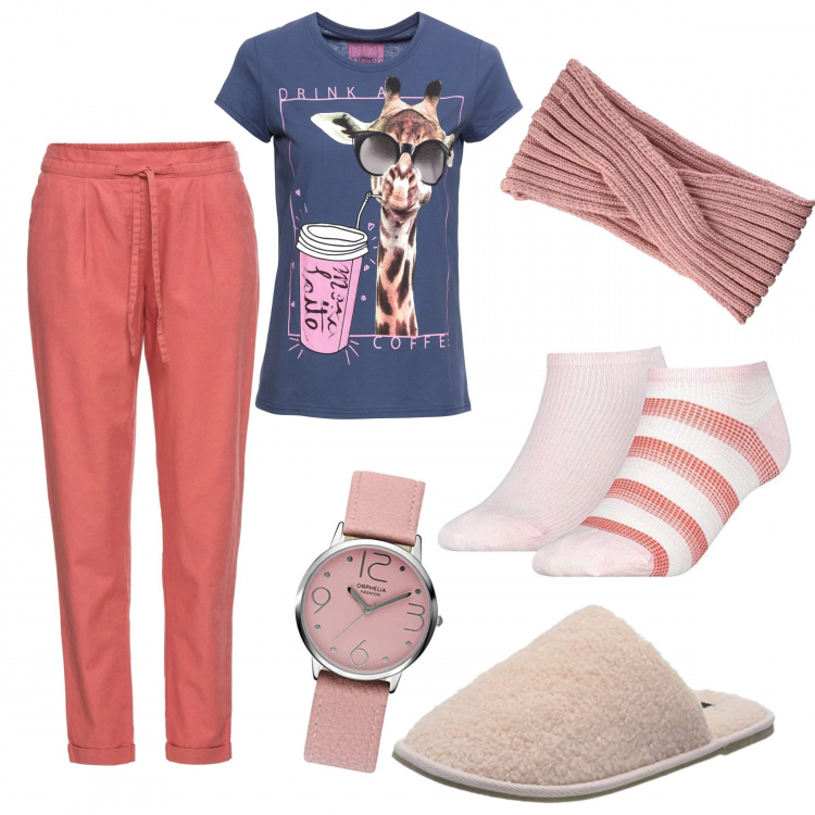 Outfit donna - Lazy sunday. Stile Basic per Tutti i giorni. Abbinamento con t-shirt, pantaloni, calzini, orologi analogici, ciabatte, fasce per capelli.