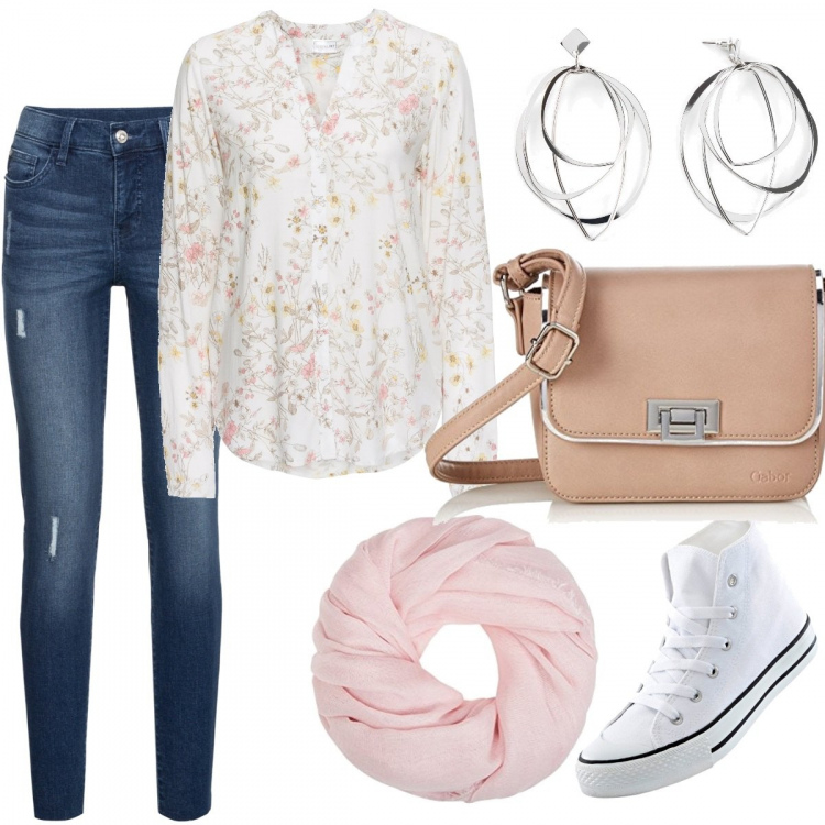 Outfit donna - Aspettando la primavera. Stile Basic per Tutti i giorni. Abbinamento con camicie, sneakers alte, jeans strappati, jeans dritti, sciarpe, borse a secchiello.