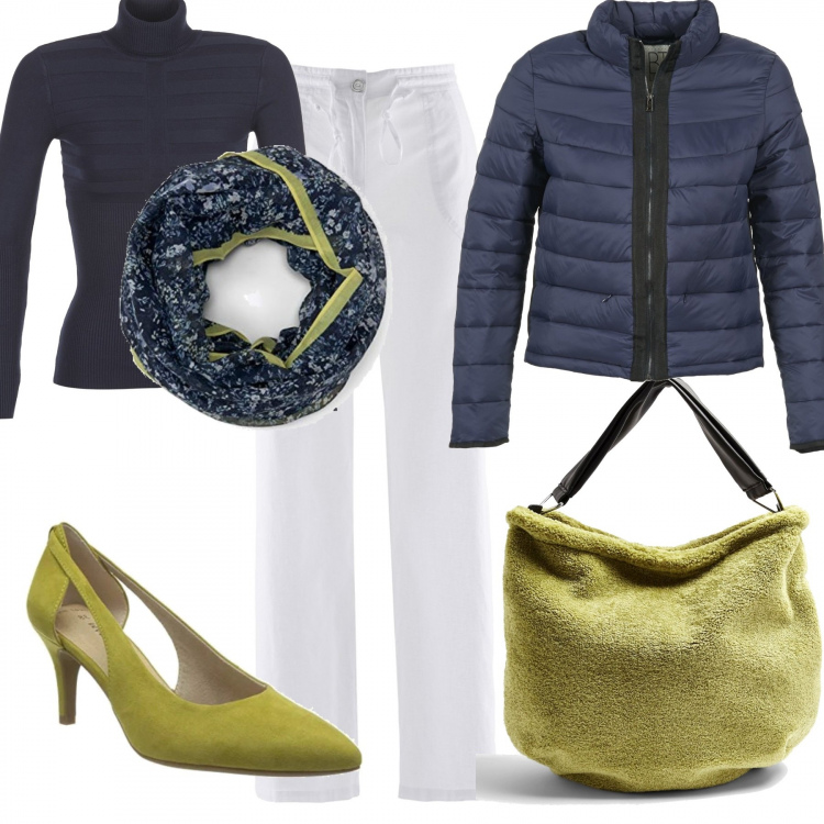 Outfit donna - Blu e verde acido. Stile Trendy per Ufficio. Abbinamento con pantaloni a palazzo, borse a spalla, piumini, maglieria, scarpe col tacco, sciarpe.